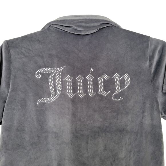 Juicy Couture Velour Top Size Large L Bowling Shirt Gray Bling Logo Y2K - Picture 7 of 7